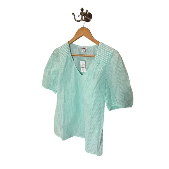 NWT J.Crew Womens Top Size S Green White Striped Smocked Puff Sleeve Blouse - Picture 4 of 6
